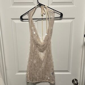Cream Mesh Halter Cover-Up with Sequin Detail